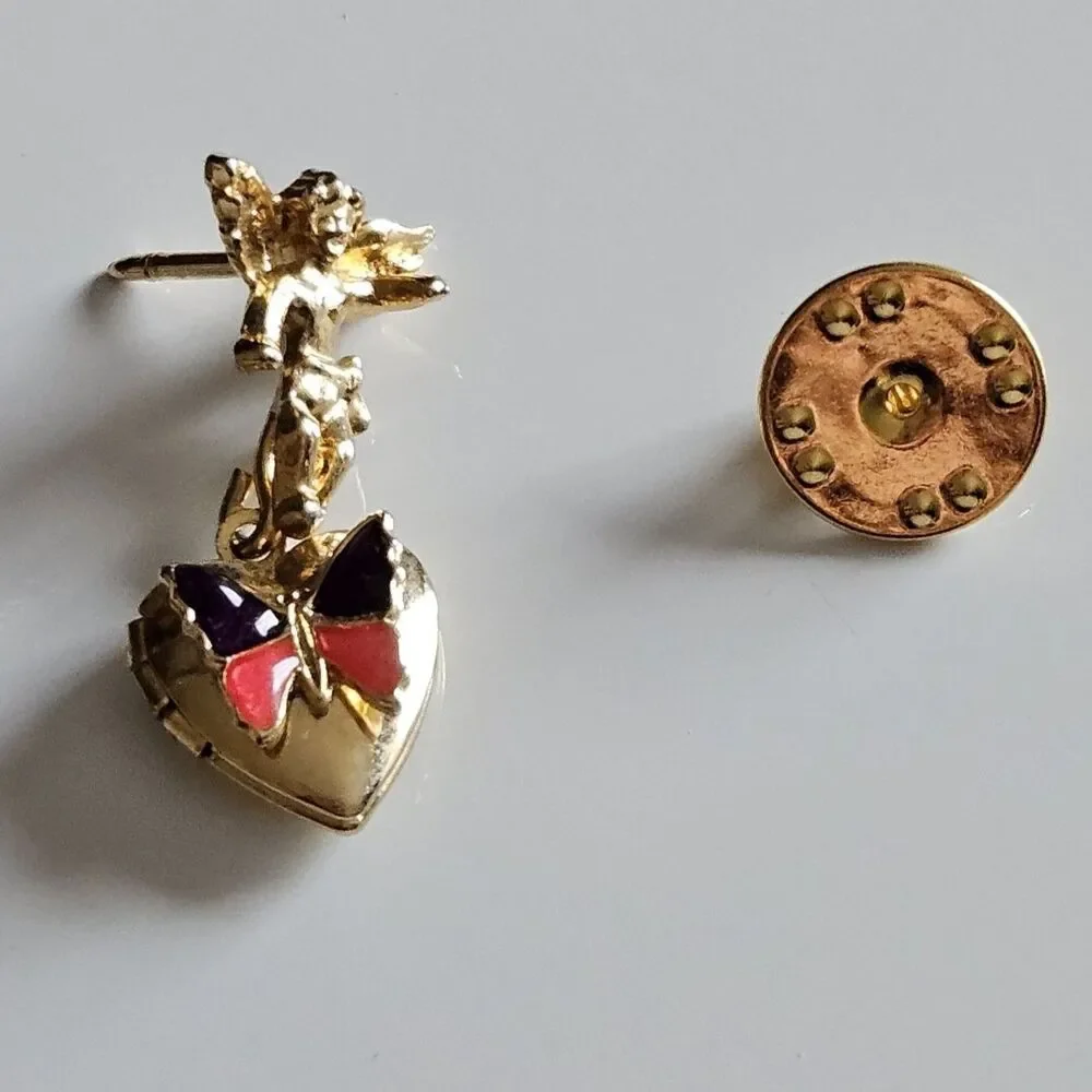 Vintage Lapel Pin Angel Locket Heart Dangle Butterfly Gold Tone